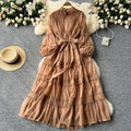 Luxury french-style lantern sleeve dress - women's summer lace patchwork tie-up slimming design elegant maxi dress