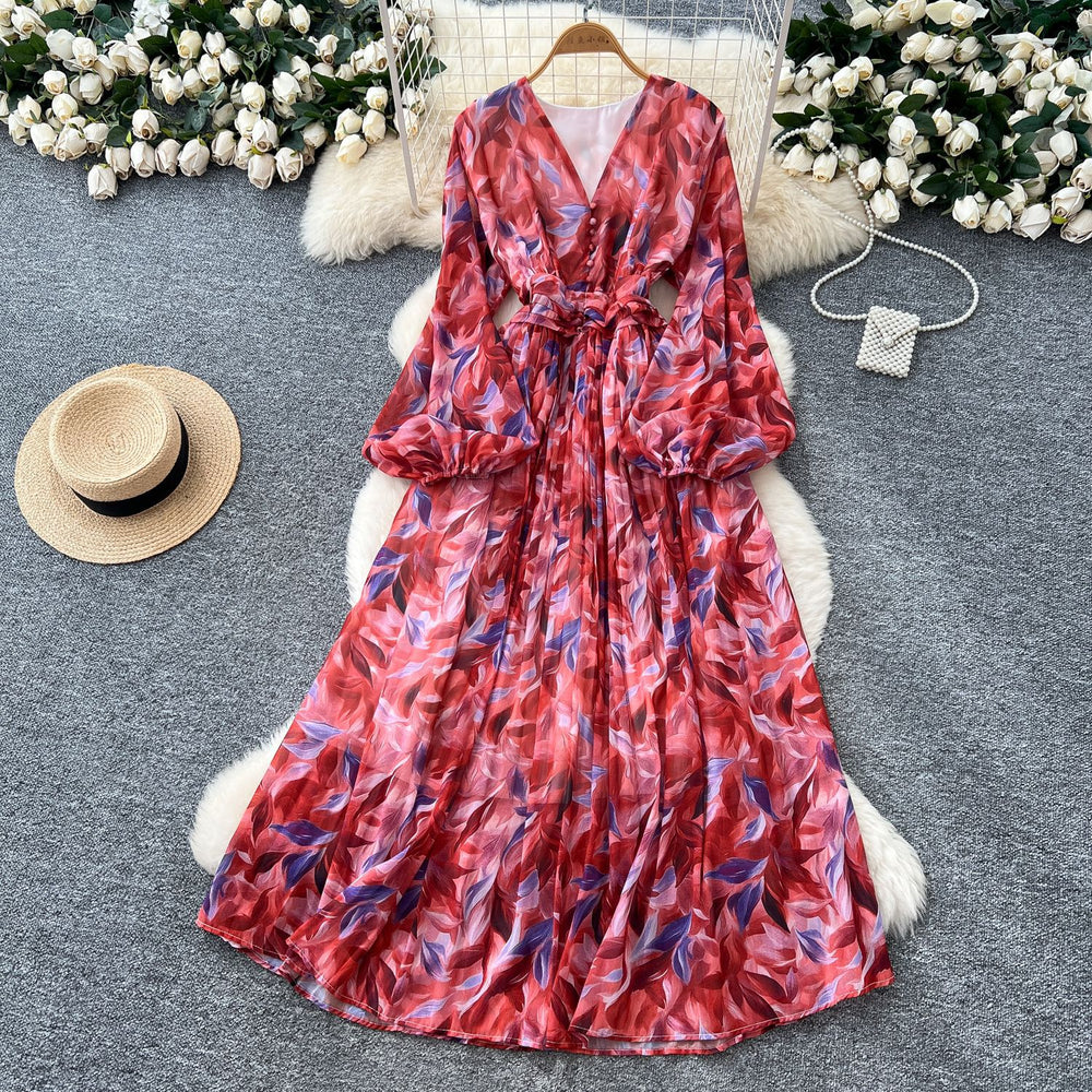 French retro v-neck lantern sleeve cinched waist dress -  new fashionable, elegant, slimming, and chic printed maxi dress