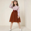 New girls' long-sleeve floral print mesh dress with turn-down collar and woven belt (available in toddler, little girl, and big girl sizes)