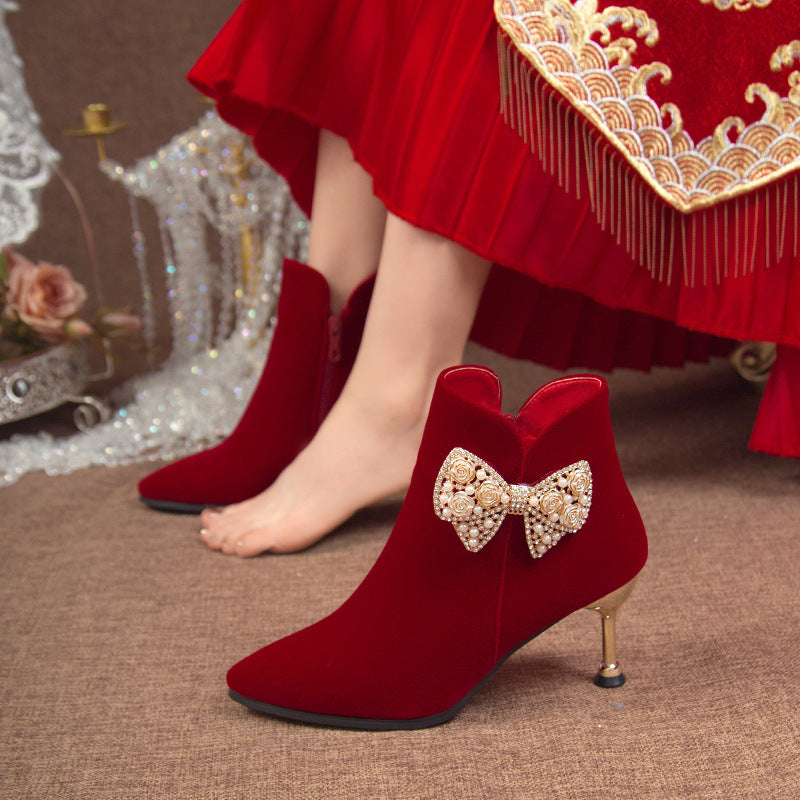 Boots women's outwear 2024 fall and winter style pointed thick heel xiuhe red bridal shoes suede short boots wedding shoes