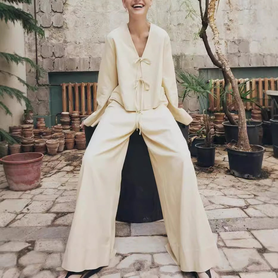 Cross-border independent station early autumn casual lace-up design cardigan trousers set European and American women's clothing fashion lazy two-piece set