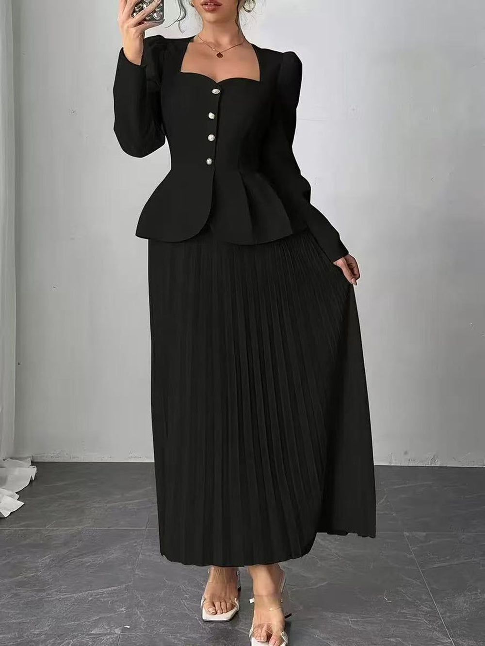 fashionsummernew arrival square collar waist suit long sleeves topspleated long skirtelegant two pieces