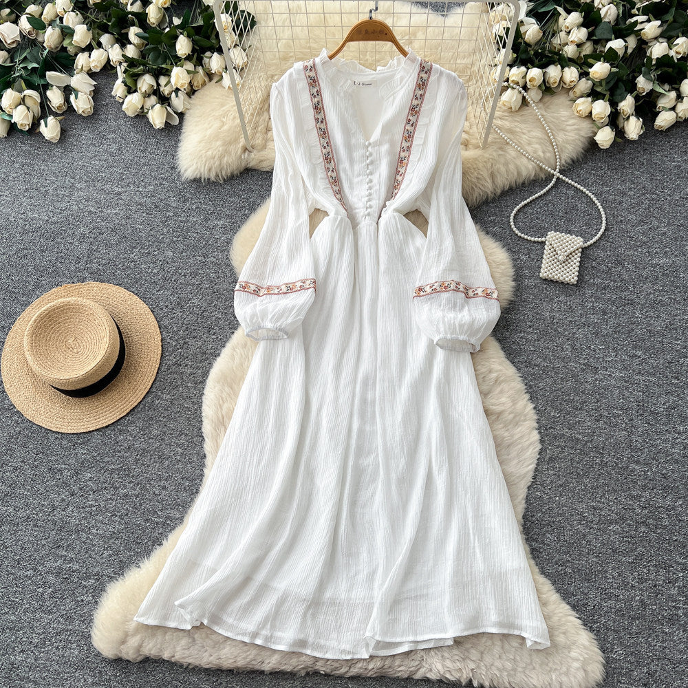 Vintage-inspired white lantern sleeve embroidered a-line dress - autumn chic, slim-fit, and perfect for vacation