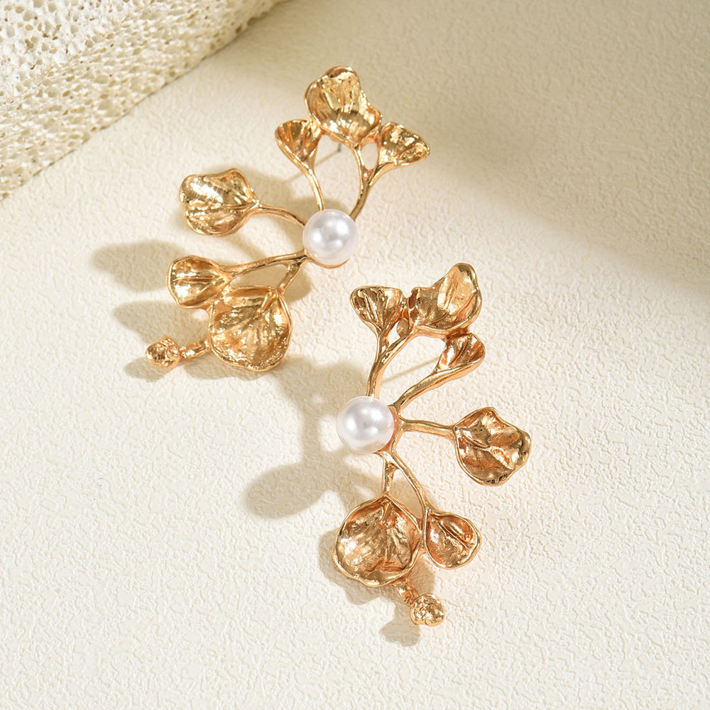 Wholesale faux pearl earrings - european & american style, vintage long gold leaf earrings, minimalist statement geometric studs