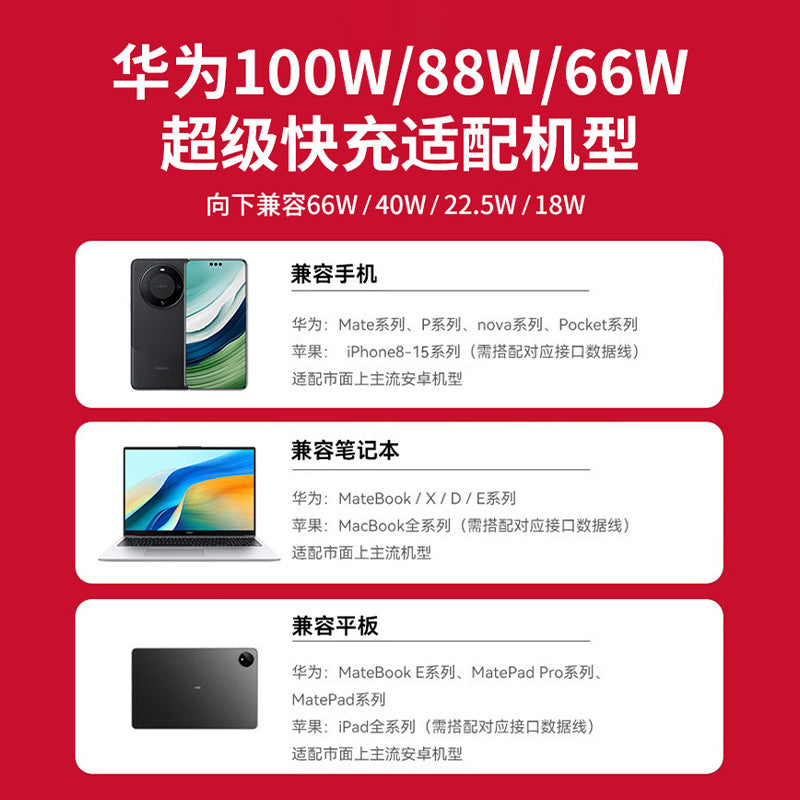 Suitable for huawei universal super fast charging charger 100w/88w/66w charging head dual port universal charger 10 wholesale
