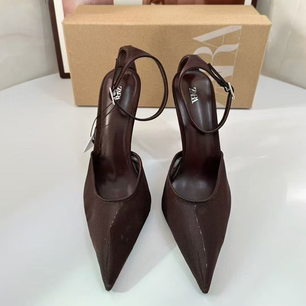 Za's 2025 new women's low-heel elegant court shoes, closed-toe pumps with ankle strap, mesh brown