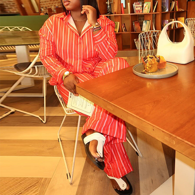 European and american cross-border women's fashion:  autumn new collection - stylish turn-down collar striped long-sleeve shirt and wide-leg pants casual set