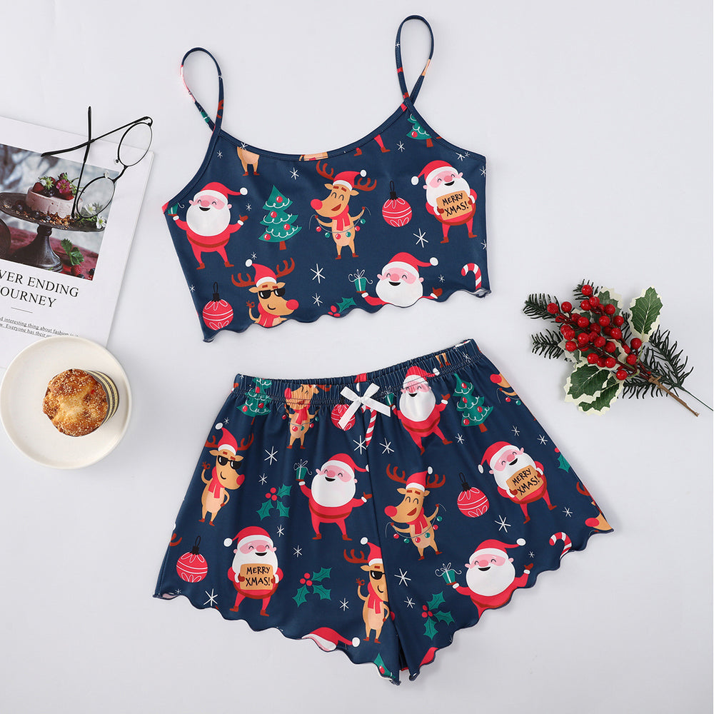 hot-selling christmas european and american style thin pajamas simple printed suspender milk silk shorts sexy two-piece set