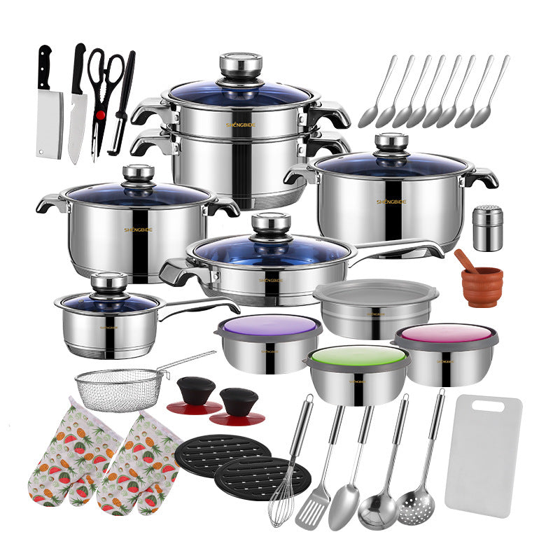 South America hot-selling wide-sided stainless steel pot thermometer cover blue glass cover 50-piece set pot set soup pot set pot