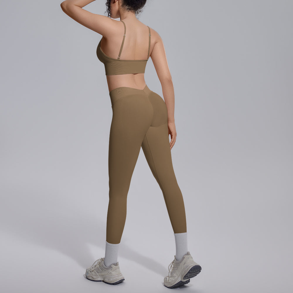 seamless pure color high waist beautiful back tight breathable high elastic yoga suit sports running fitness two-piece set