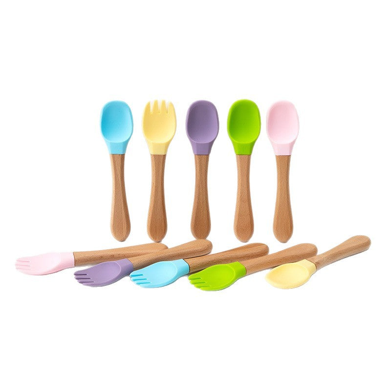 Factory direct sales silicone wooden handle complementary food fork and spoon  baby spoon baby training eating fork and spoon set wholesale
