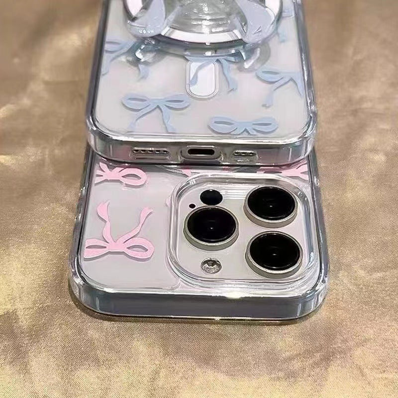 New arrival suitable for apple 17promax mobile phone case 16plus blue pink bow magnetic transparent mobile phone protective case