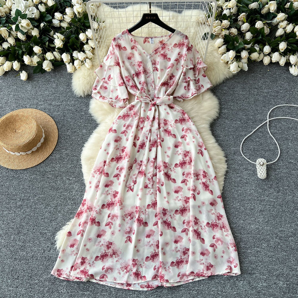 Gentle style female niche styleretro tea break v neck bell sleeves tie back waist slimming look a-line large swing floral dress for women