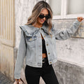 Wish cross-border new european and american  women's casual jacket long sleeve peter pan collar denim jacket long sleeve cropped style