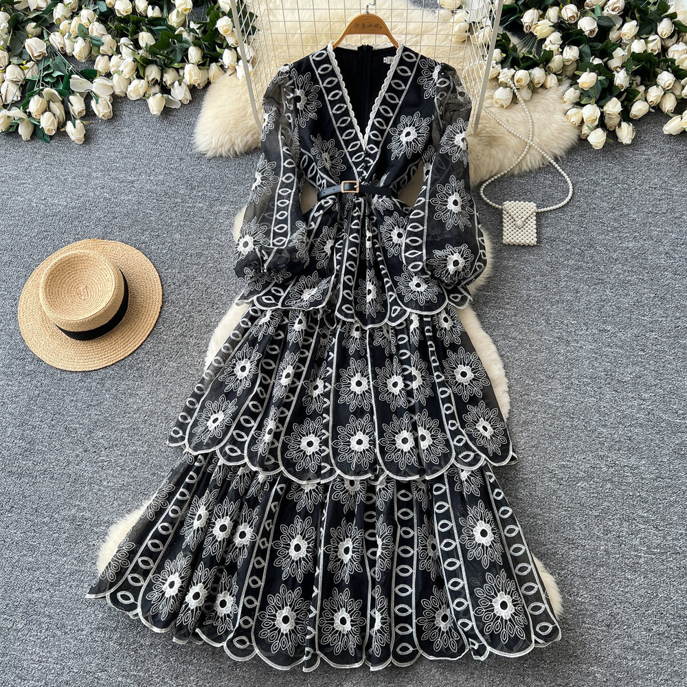 French chic v-neck embroidered maxi dress - women's long sleeve, slim fit, a-line, elegant and flowy