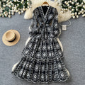 French chic v-neck embroidered maxi dress - women's long sleeve, slim fit, a-line, elegant and flowy