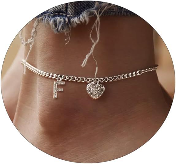 Amazon exquisite silver initial anklet - minimalist personalized letter anklet with cz heart cuban chain