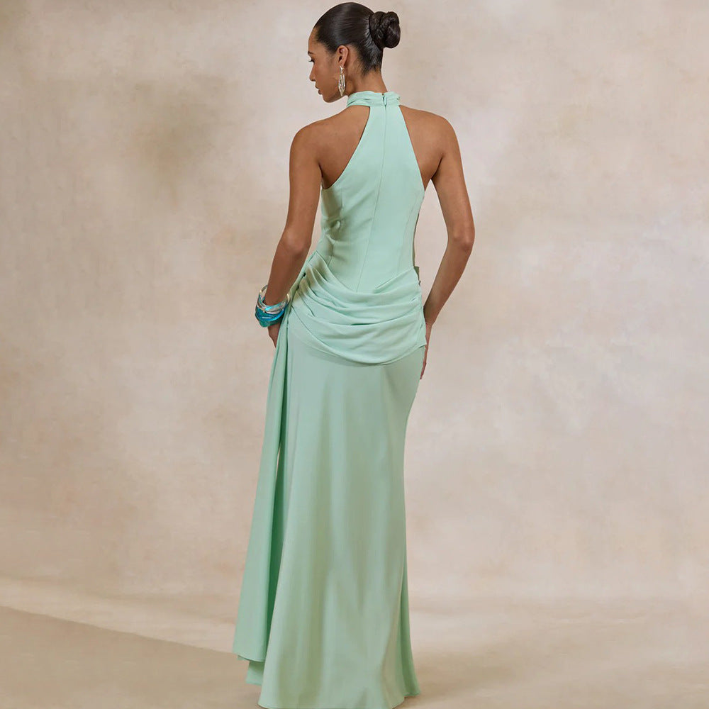 Amazon  autumn new arrival: elegant, socialite-style halter neck sleeveless irregular pleated waist tie-up dress