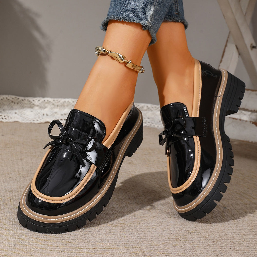 Plus size women's british style loafers -  spring/autumn new collection - shiny chunky heel bow detail casual shoes