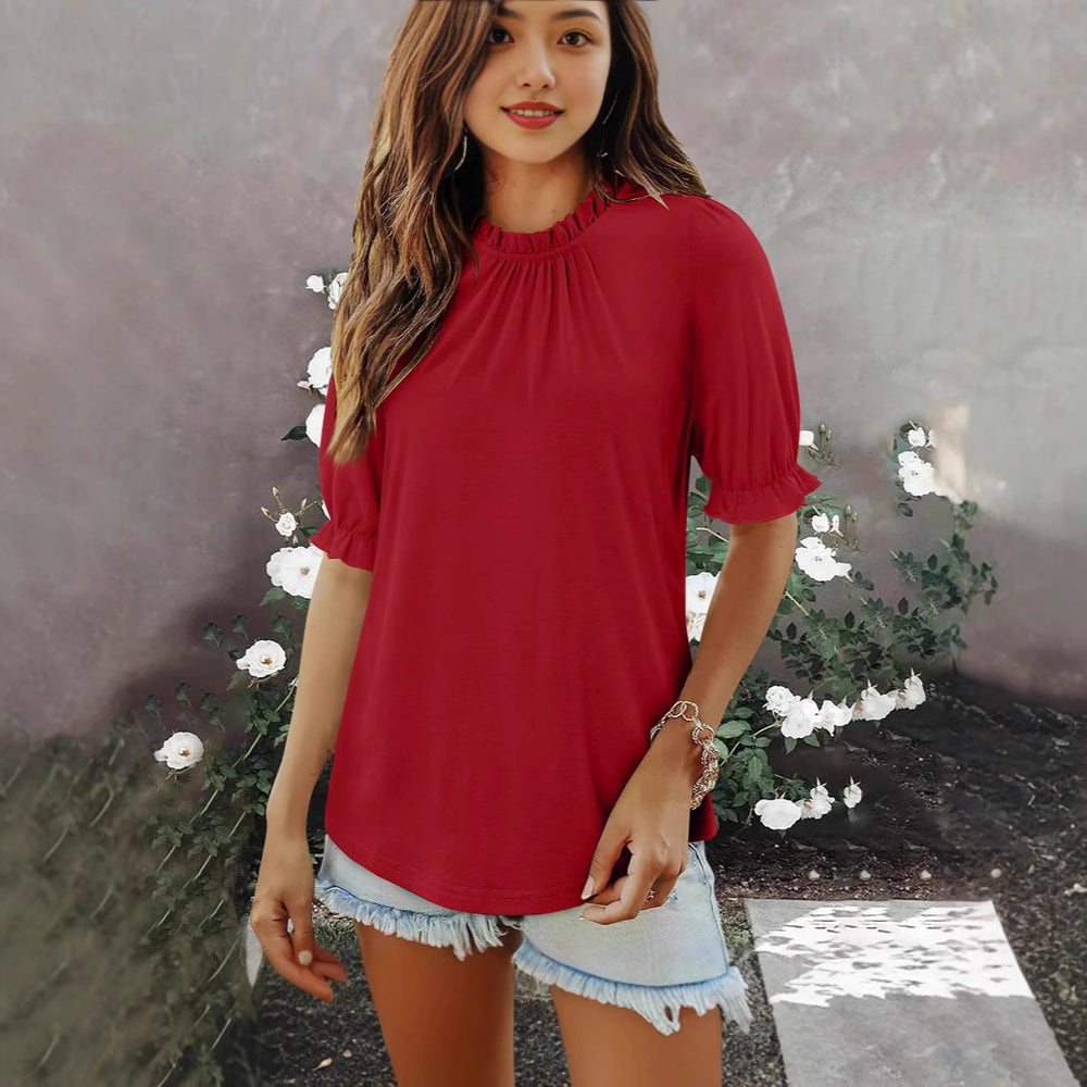 new women's solid color button-down crew neck ruched mid-sleeve top for cross-border