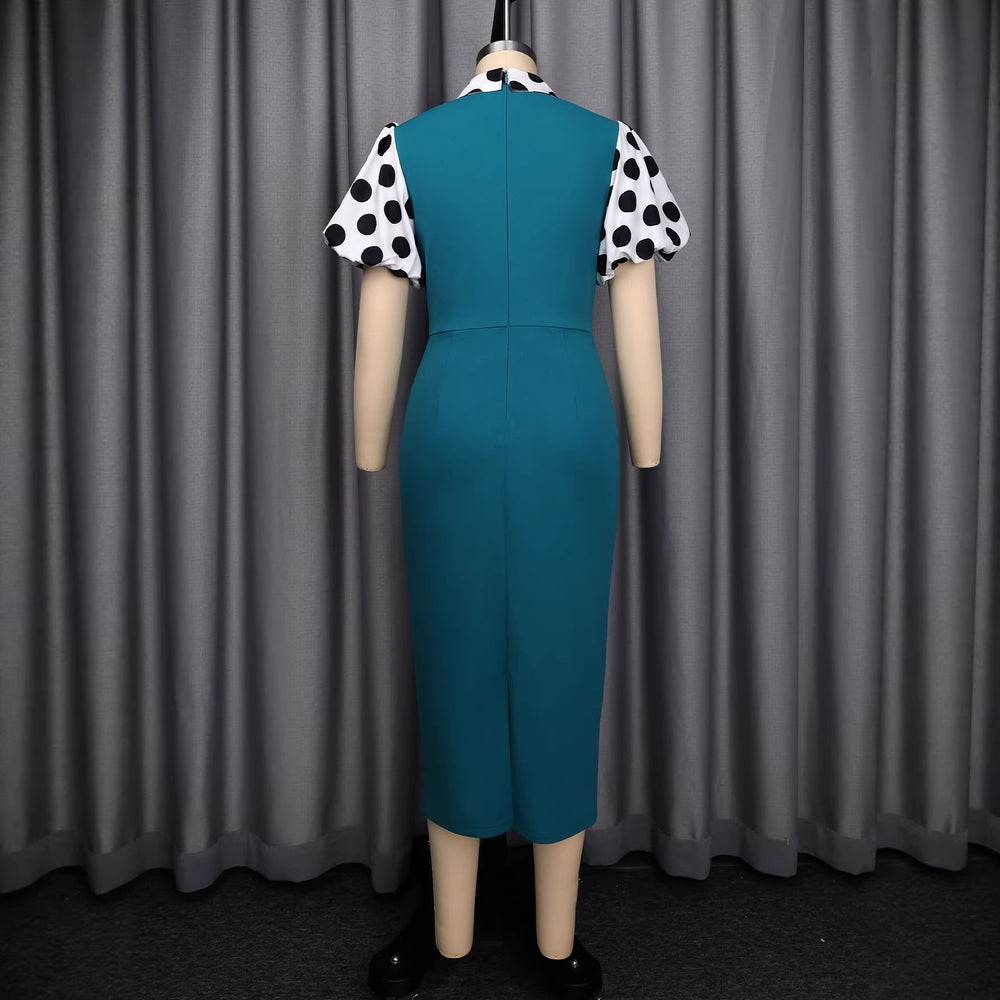 new plus size midi dress - green patchwork polka dot puff sleeve turn-down collar a-line dress