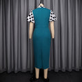 new plus size midi dress - green patchwork polka dot puff sleeve turn-down collar a-line dress
