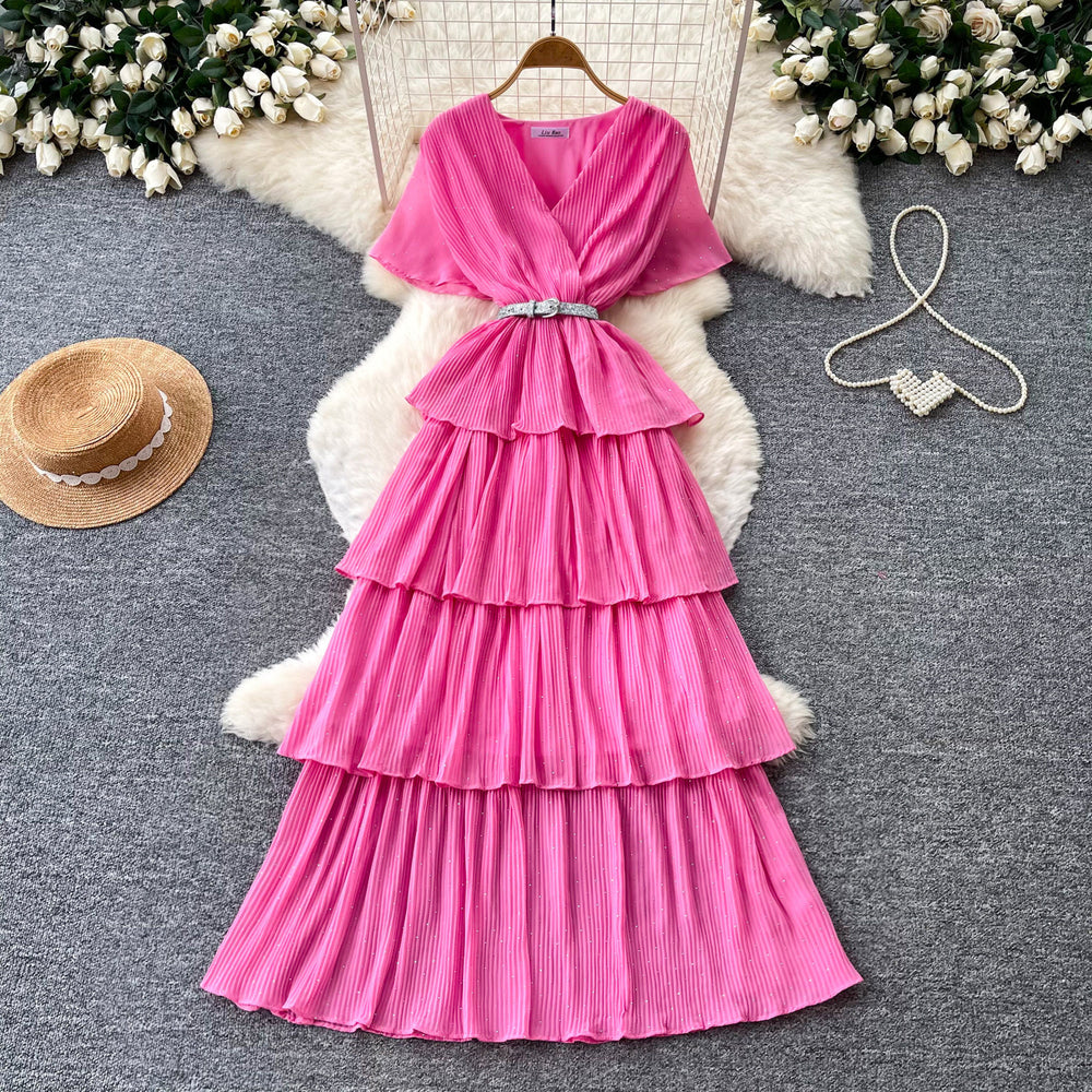 Elegant v-neck red tiered dress - women's summer high-waisted a-line maxi dress with rhinestone accents