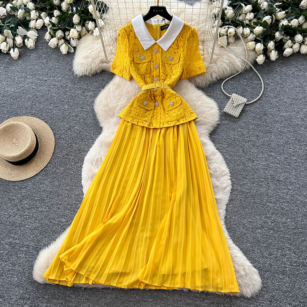 Xiaoxiangfenglacea-linework clothing short-sleeved dressfemale yellow lapel waist pleated long skirt elegance socialite style