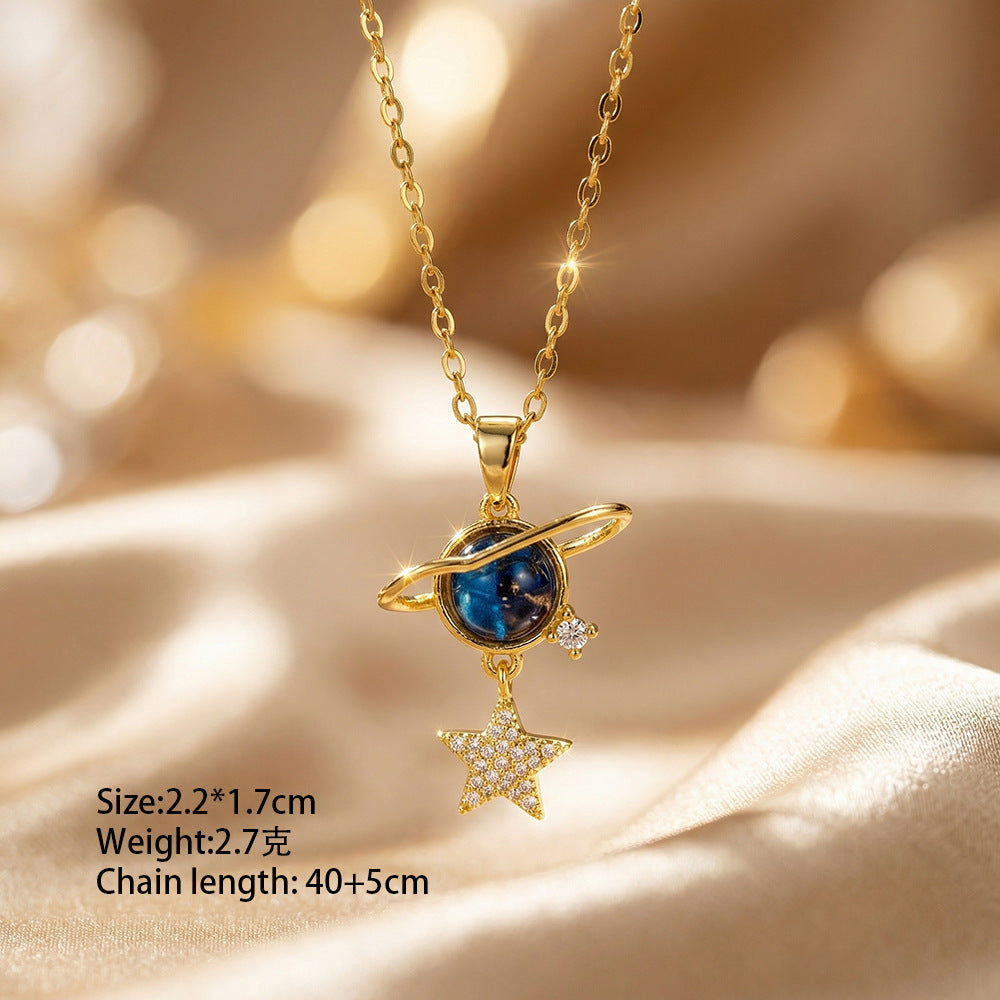 European and american cross-border hot-selling copper inlaid zirconium full diamond planet necklace for women, light luxury niche style, non-fading clavicle chain jewelry