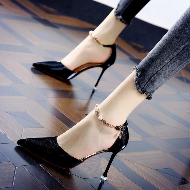 Red bottom high heels sexy silks and satins one-piece buckle pointed toe rhinestone red 2025 spring stiletto dress women's flats