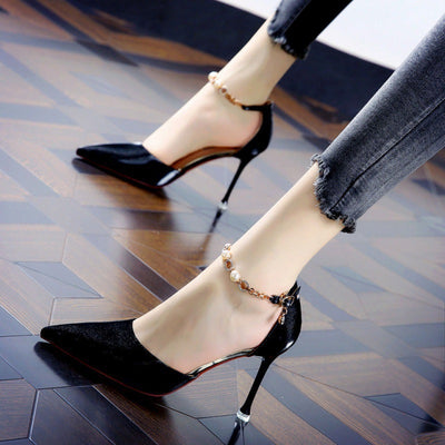 Red bottom high heels sexy silks and satins one-piece buckle pointed toe rhinestone red 2025 spring stiletto dress women's flats