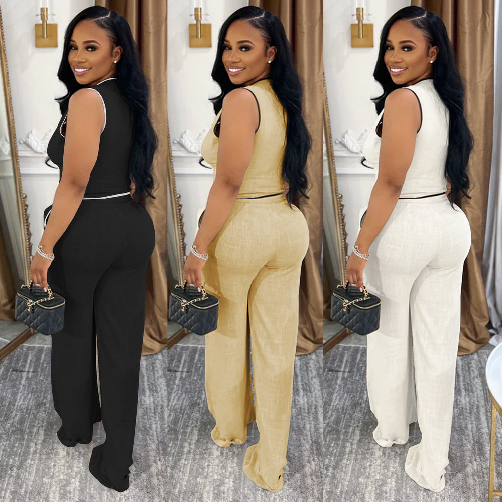C7402 cross-border   fashion women's casual v-neck button-up top and pants two-piece set - new