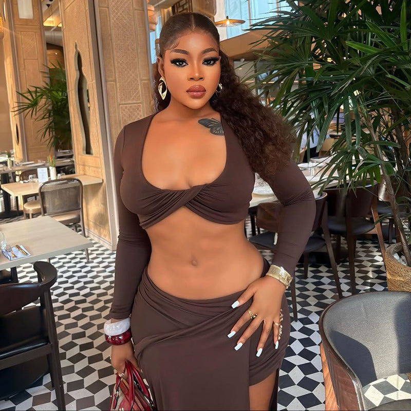 Fashion style insexportpure colorcasual women's hip-covering vacation skirt suitu-neck long sleeves chest-wrapped slit two-piece set