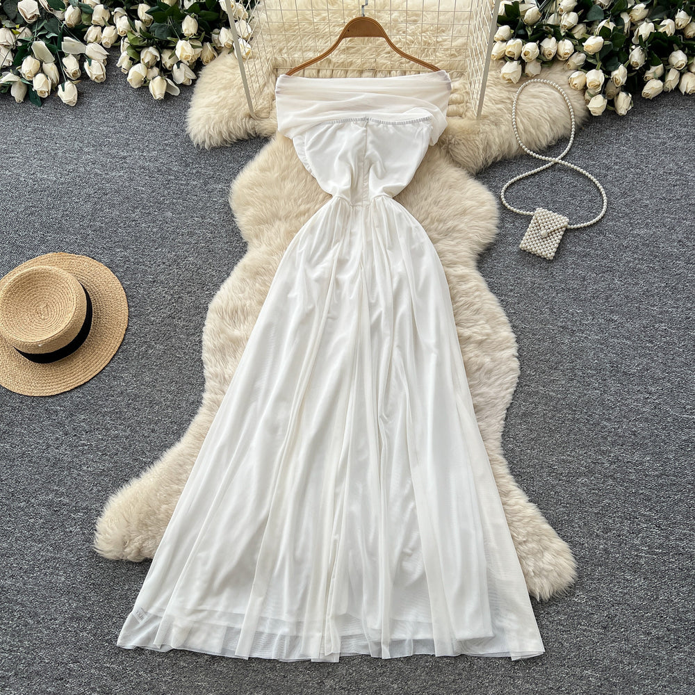 French riviera style off-the-shoulder white a-line dress - sleeveless, slim-fit, and elegant summer maxi dress for women