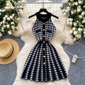 Chanel-inspired sleeveless halter knit dress - women's  summer french style cinched waist metallic buckle houndstooth sweater dress