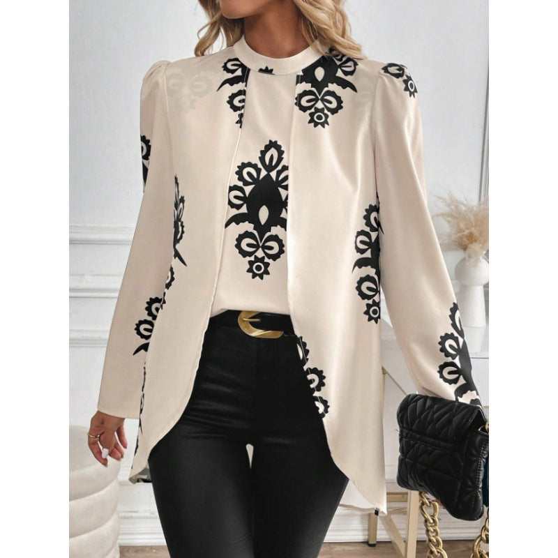 women's black floral print ribbed collar blouse with bubble sleeves and asymmetrical hem satin casual top
