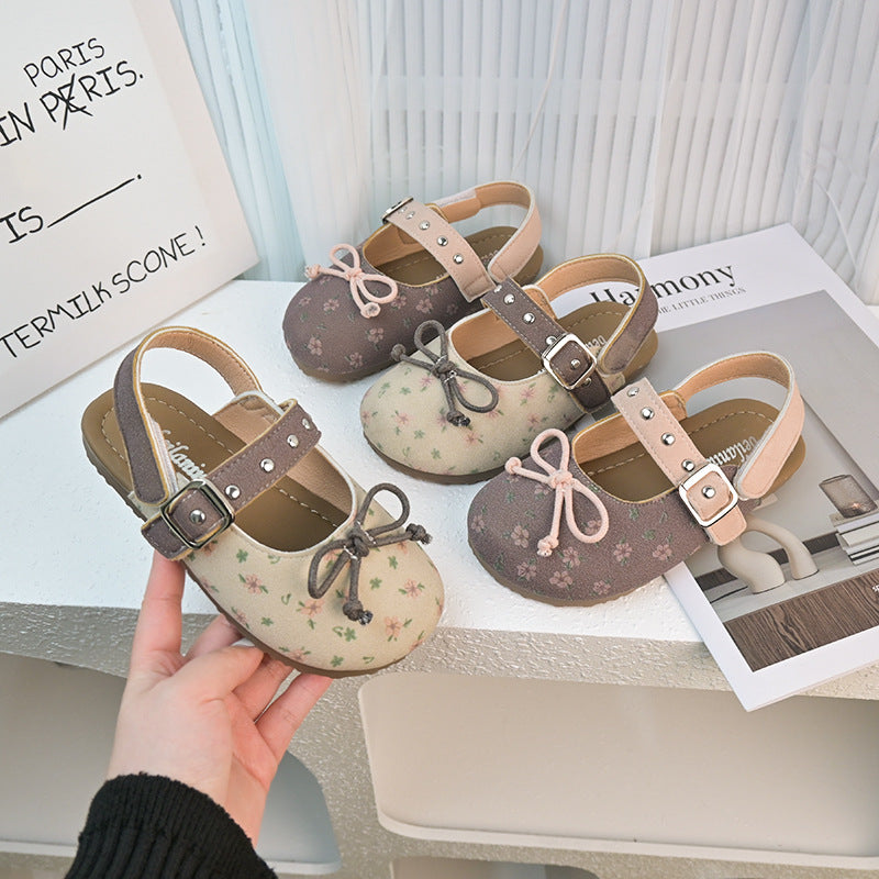Vancahao girls' bow princess shoes,  spring/summer new korean style children's softwood toe sandals, birkenstock-style shoes