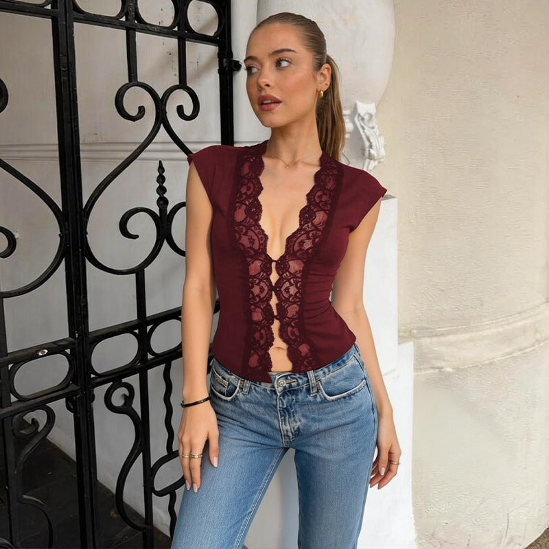 European and american style  summer new fashion vest top - hollow-out button lace waist cincher sleeveless tank top