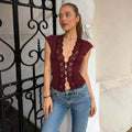 European and american style  summer new fashion vest top - hollow-out button lace waist cincher sleeveless tank top