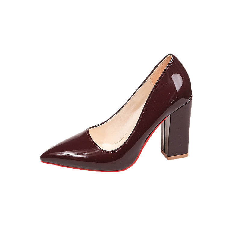 Plus size patent leather party pumps 2026 korean style all-season candy color pointed toe low-cut chunky heel women's single shoes