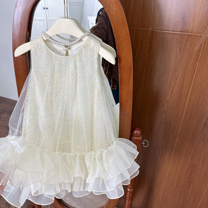 Girls' princess dress summer : stylish mesh sequin birthday dress for baby girls, fairy tale gown