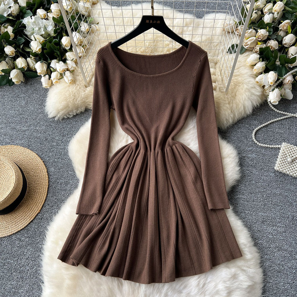 Frenchniche stylesense of design square collar long sleevesknittingdress female inner wear bottom waist slimming lookpleatedsweater skirt