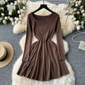Frenchniche stylesense of design square collar long sleevesknittingdress female inner wear bottom waist slimming lookpleatedsweater skirt