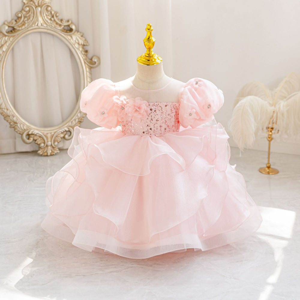 Ready-to-ship new bubble sleeve floral children's formal dress wedding princess gown baby girl party dress kids dress