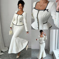 european and american new arrival: white and black color block chanel-inspired two-piece set - square neck cropped jacket with high-waisted bodycon fishtail skirt