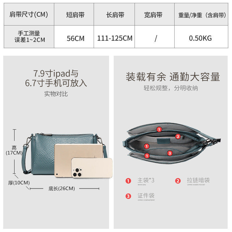 Genuine leather bag 2025 new trendy high-end fashion cowhide crocodile pattern shoulder bag large capacity mother messenger bag women