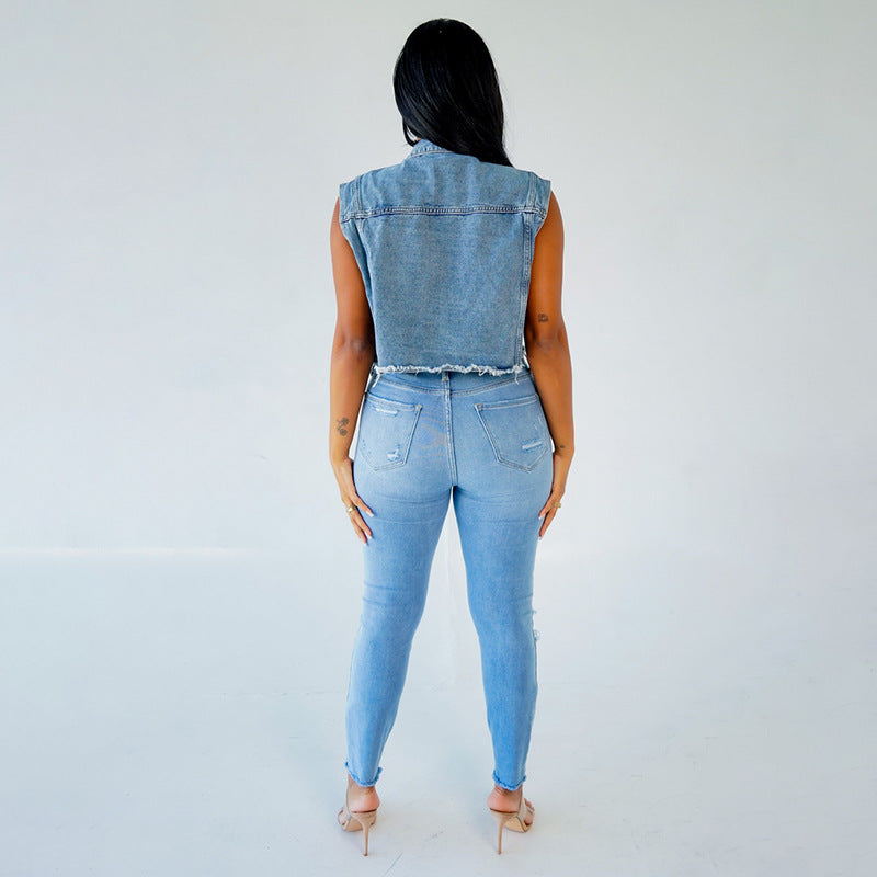 Amazon  sexy denim vest women's summer ins trendy fashion beaded denim top