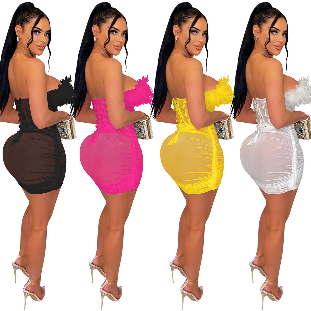 X5903   fashionpure color mesh see-through feather lace vest pleated midi skirt two-piece set
