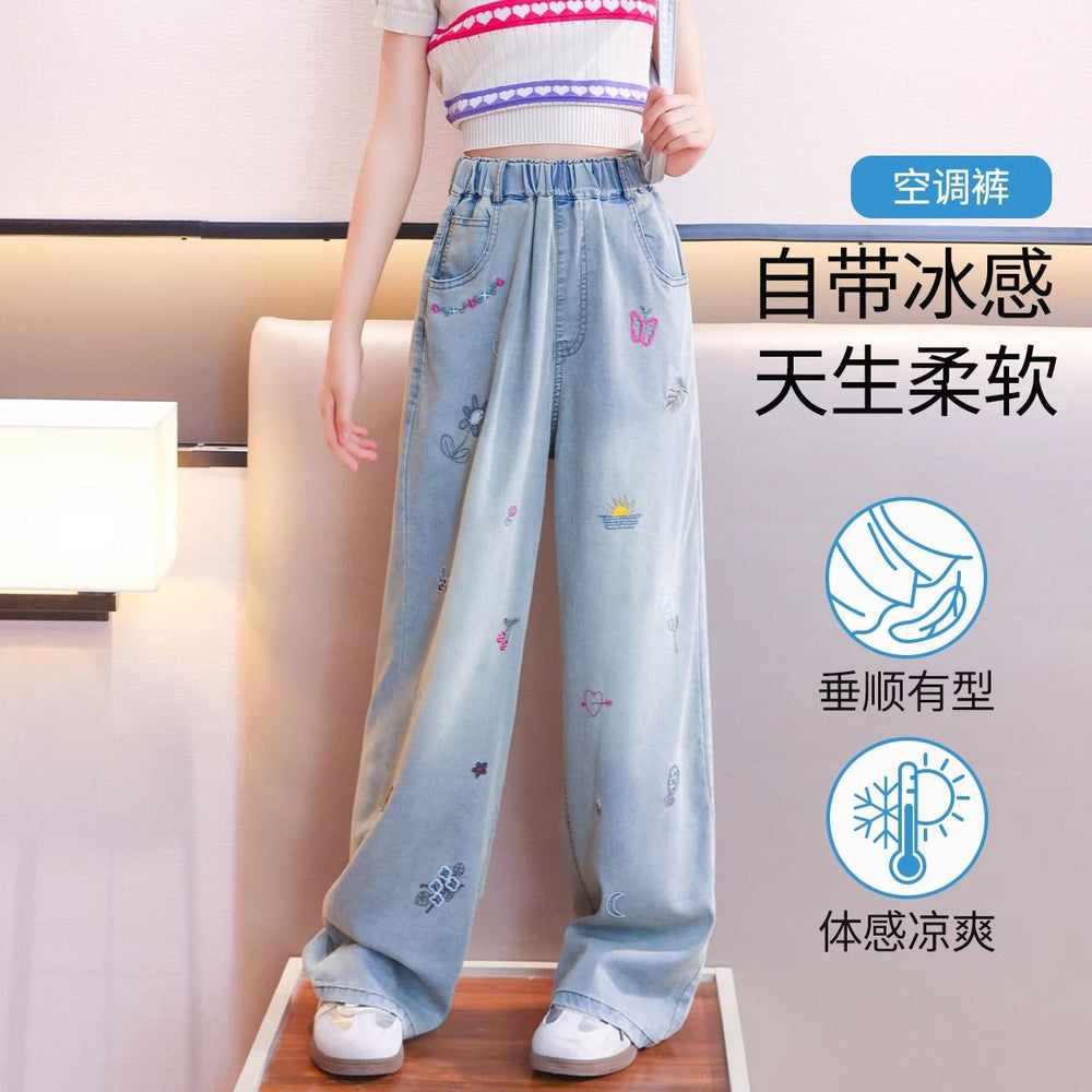 Girls' summer lightweight pants  new style: wide-leg pants for older girls, slim-fit straight-leg tencel jeans for middle school students
