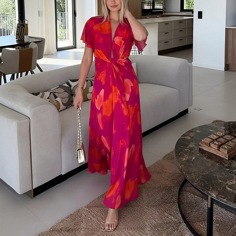 summer new women's fashion: european and american style cross-border dress - trendy casual vacation style tie-waist loose maxi dress